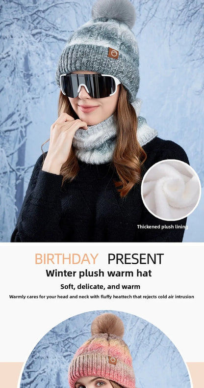 Winter Lady Warm Hat Scarf Two-piece Set Fleece Thickened Gradual Change Color Knitted Skiing Hat Fashion Pullover Hat for Women