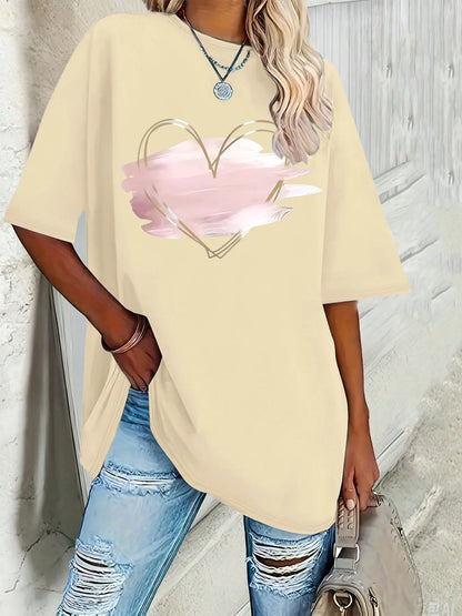 Plus size women's new pink heart-shaped elegant printed T-shirt   spring and summer leisure round neck short sleeve top