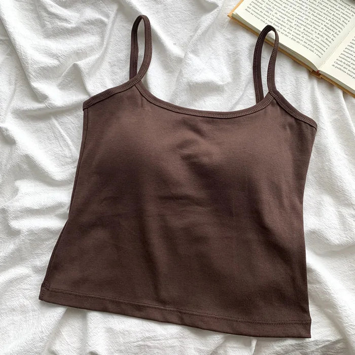 Women's Solid Color Spaghetti Straps Sleeveless Slim Camisole with Chest Pad Cotton Summer Wear Outside Female Short Tops Vests