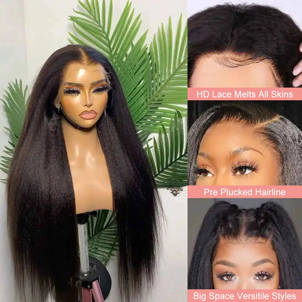 13x6 Kinky Straight Lace Front Human Hair Wig With Kinky Edges Baby Hair 360 Transparent Lace Yaki Straight Human Hair Wigs