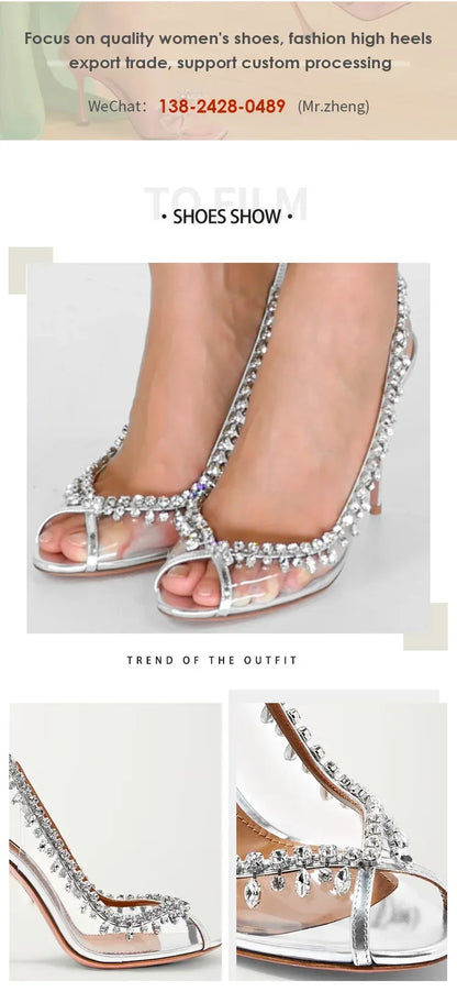 Silver Pink PVC Clear Heeled Sandals Women Pumps Sexy Rhinestones Thin High Heels Shoes Pointed Toes Party Nightclub Sandals