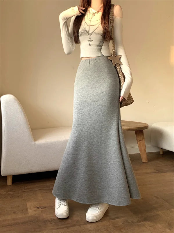 Solid Vintage Temperament Package Hip Skirts Elastic High Waist Simple Spring Autumn 2026 Fish Tail Skirt Casual Slim Long Skirt