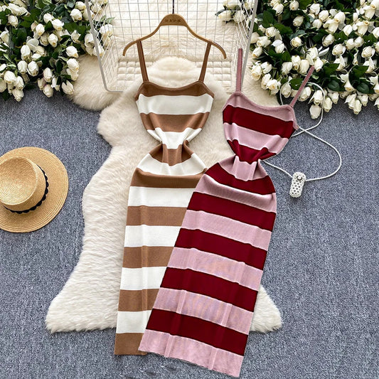 Lady New Stripes Ins Fashion Sexy Package Hips Bodycon Dress  Summer Knitted Spaghetti Straps Outfits Maxi Long Women Dress