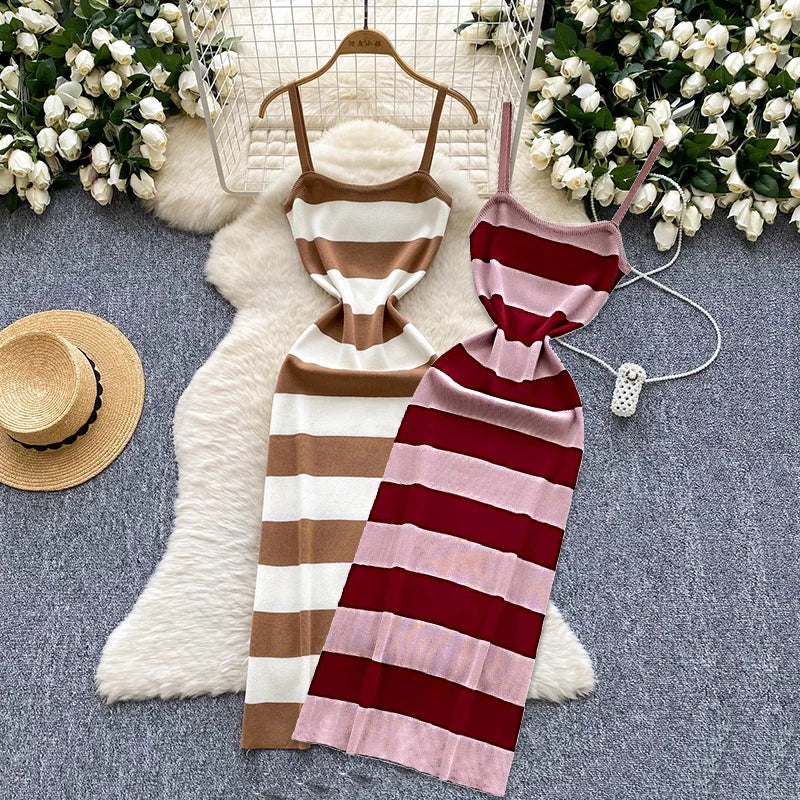 2025 & 2026 Lady New Stripes Ins Fashion Sexy Package Hips Bodycon Dress  Summer Knitted Spaghetti Straps Outfits Maxi Long Women Dress