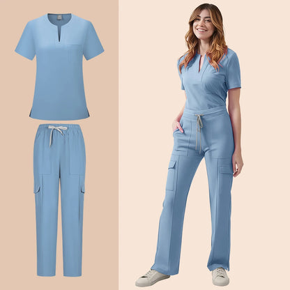 Medical Scrubs Uniform Women Nurse Scrub Set Pocket Top+Pants 2 Piece Suit Nursing Operating Room Clothes Beauty Salon Work Wear