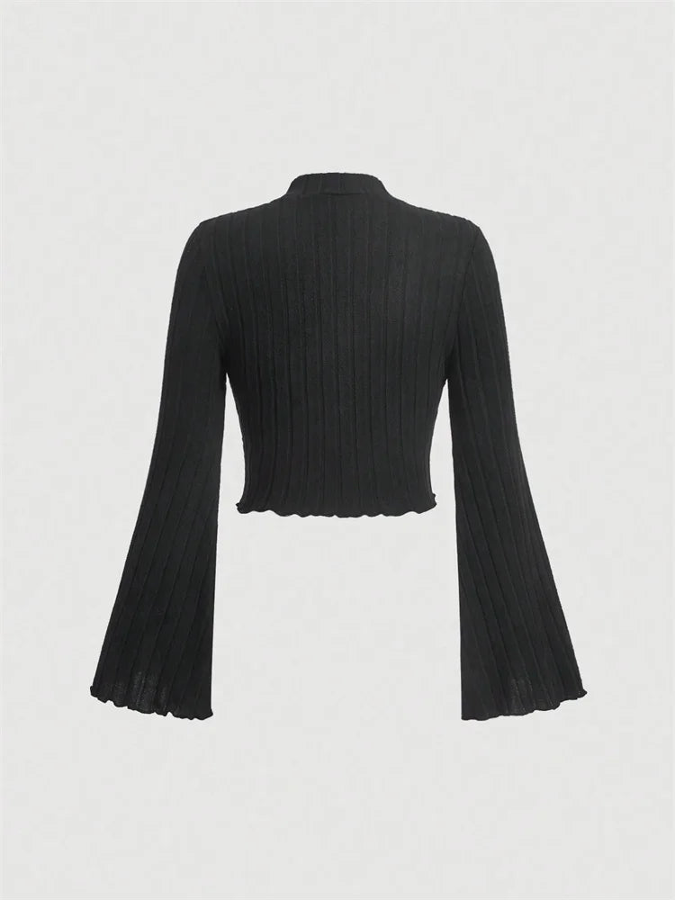 Women Flare Long Sleeve Mock Neck Rib-knit Crop Top Cropped Blouse Spring Fall 2024 Casual Slim Fit T-shirt Tees Y2K Clothes