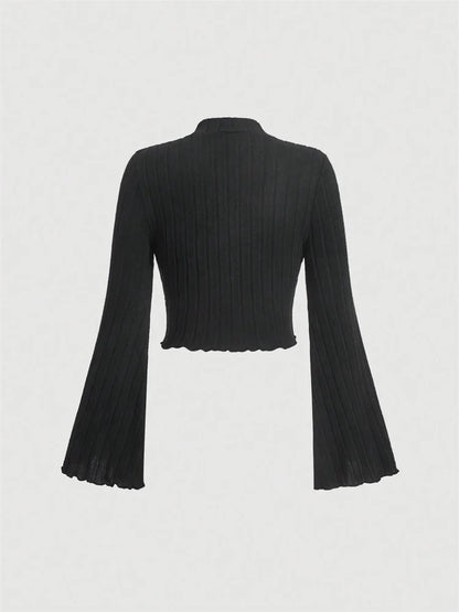 Women Flare Long Sleeve Mock Neck Rib-knit Crop Top Cropped Blouse Spring Fall 2024 Casual Slim Fit T-shirt Tees Y2K Clothes