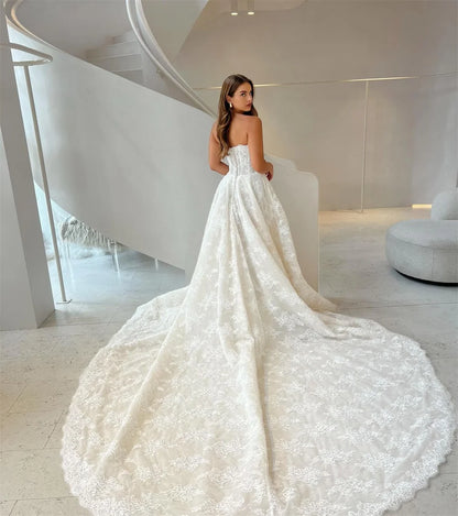 Kyoto Customized Ivory Lace Appliques Sleeveless Wedding Dress A-line Button Back vestidos de novia Chapel Train Evening Dresses