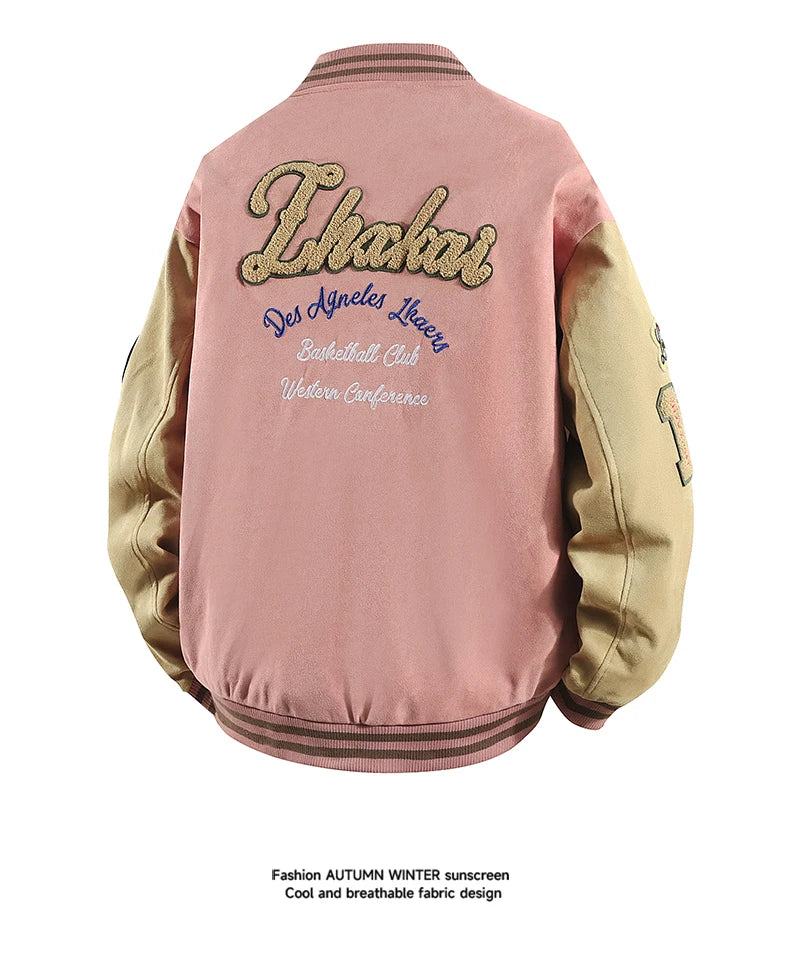 Hip Hop Men's Suede Embroidered Varsity Jacket Color Block Letter Graphic Long Sleeve Baseball Jacket Bomber Coat