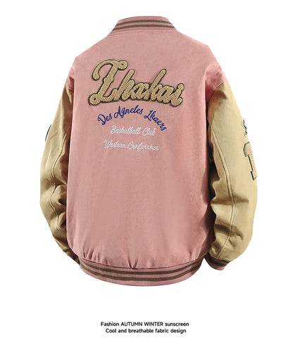 Hip Hop Men's Suede Embroidered Varsity Jacket Color Block Letter Graphic Long Sleeve Baseball Jacket Bomber Coat