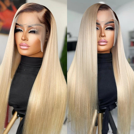 Soft Preplucked Ombre Blonde 26Inch 180Density Silky Straight Lace Front Wig Synthetic With Baby Hair Glueless Daily Wear Wigs