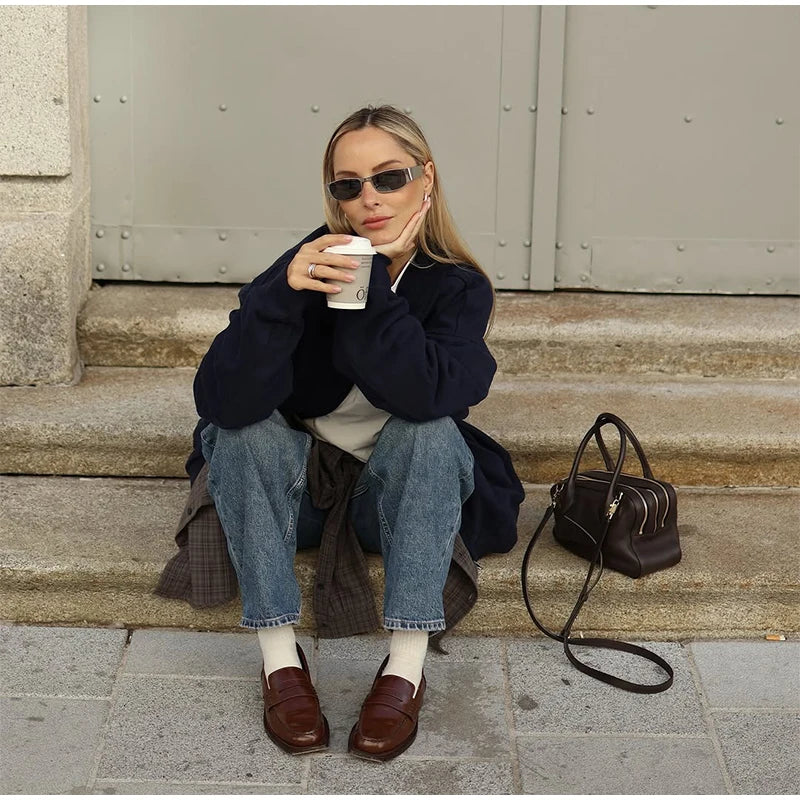 Woolen Zipper Loose Short Jacket Women Long Sleeve Lapel Solid 2025 Autumn Winter Commute Coat Street Office Warm Ladies Outwear