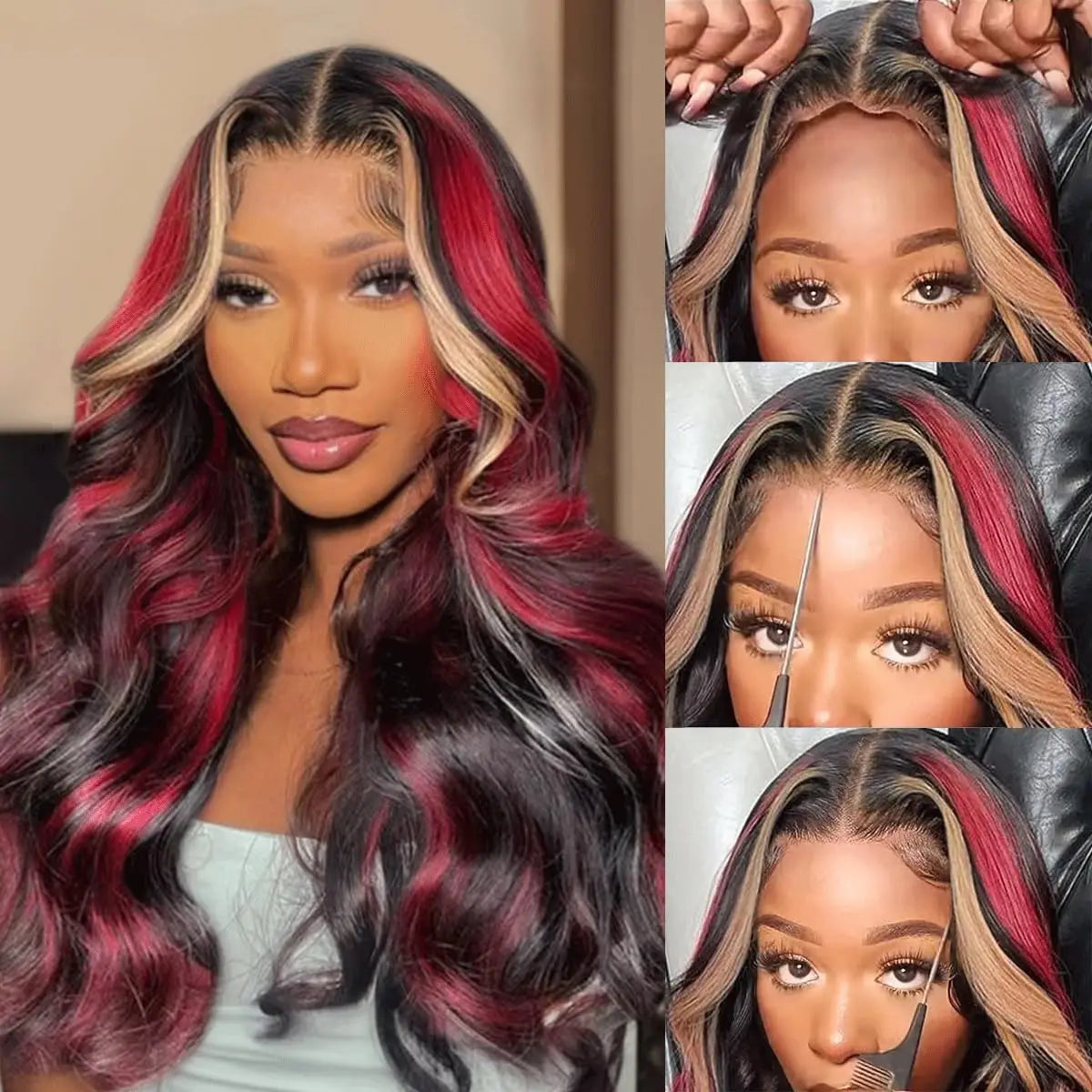 Highlight Black Red Blonde Wig Human Hair 5x5 Glueless Body Wave  Balayage Colored Wigs Human Hair Pre Plucked 180% Density