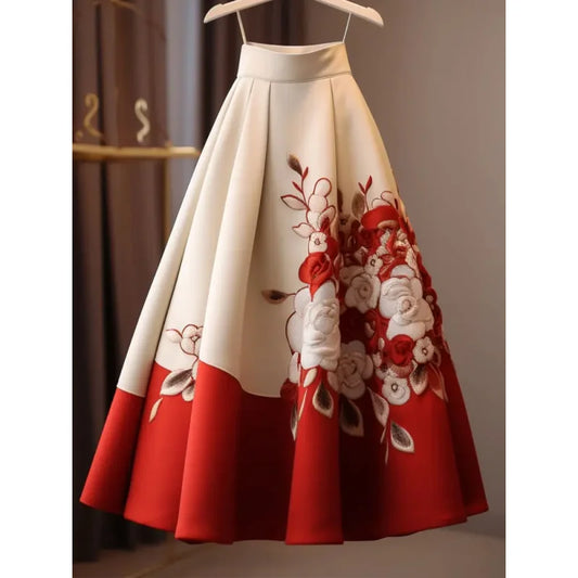 Vintage Red Flower Print Skirt for Women Y2k Slim Waist Mid-length Loose Faldas Mujer 2026 Spring New Skirt for Women