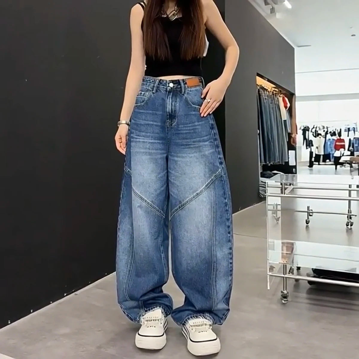 2025/2026 Grunge Y2K Streetwear Washed Blue Baggy Pleated Jeans Pants For Women Clothing Distressed Wide Leg Loose Old Lady Trousers