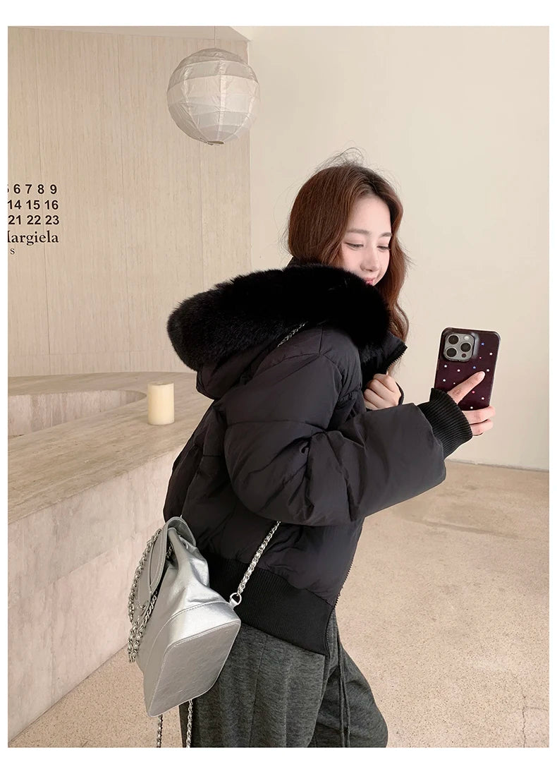 Casual Warm Fur Hooded Cropped Parkas Chic Streetwear Korean Style Down Cotton Coat Thicken Short Women's Winter 2025 Jacket