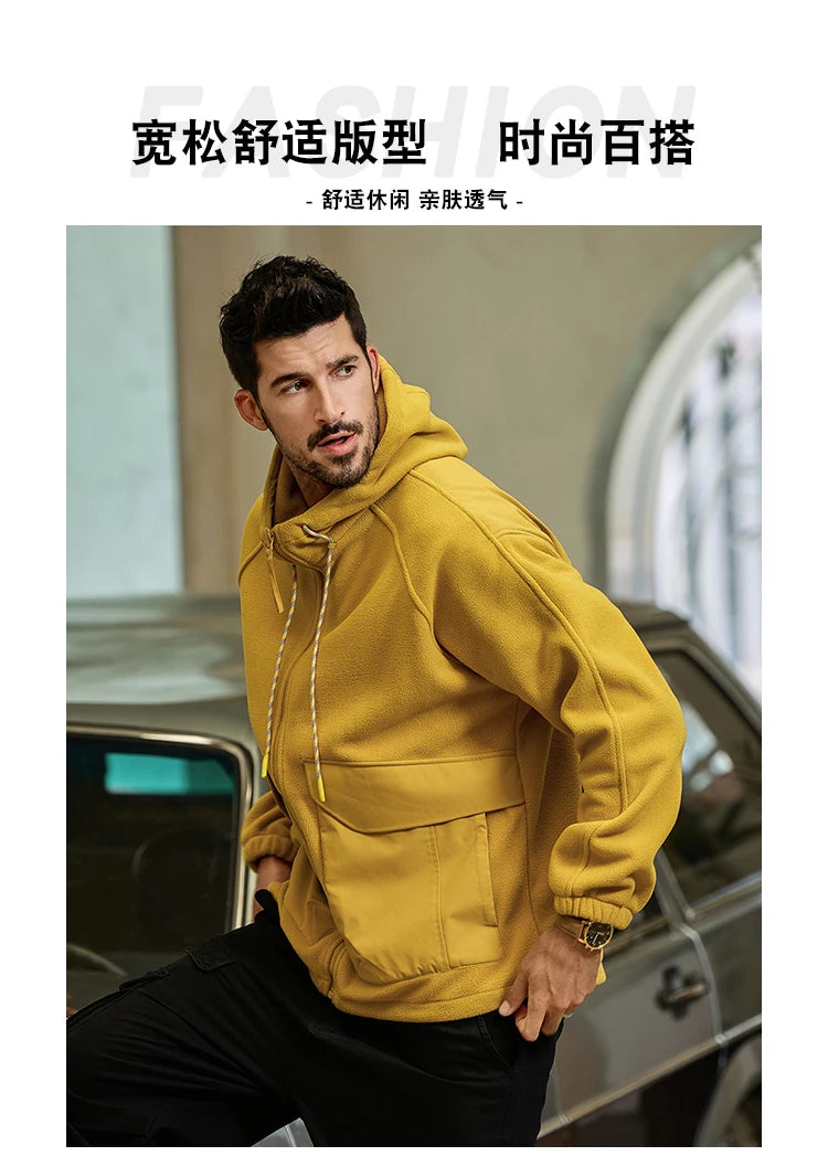 Autumn Velvet Hooded Jacket Men Outdoor Sport Techwear Loose Casual Plus Size Hoodie Cargo Jacket Outerwear Coat