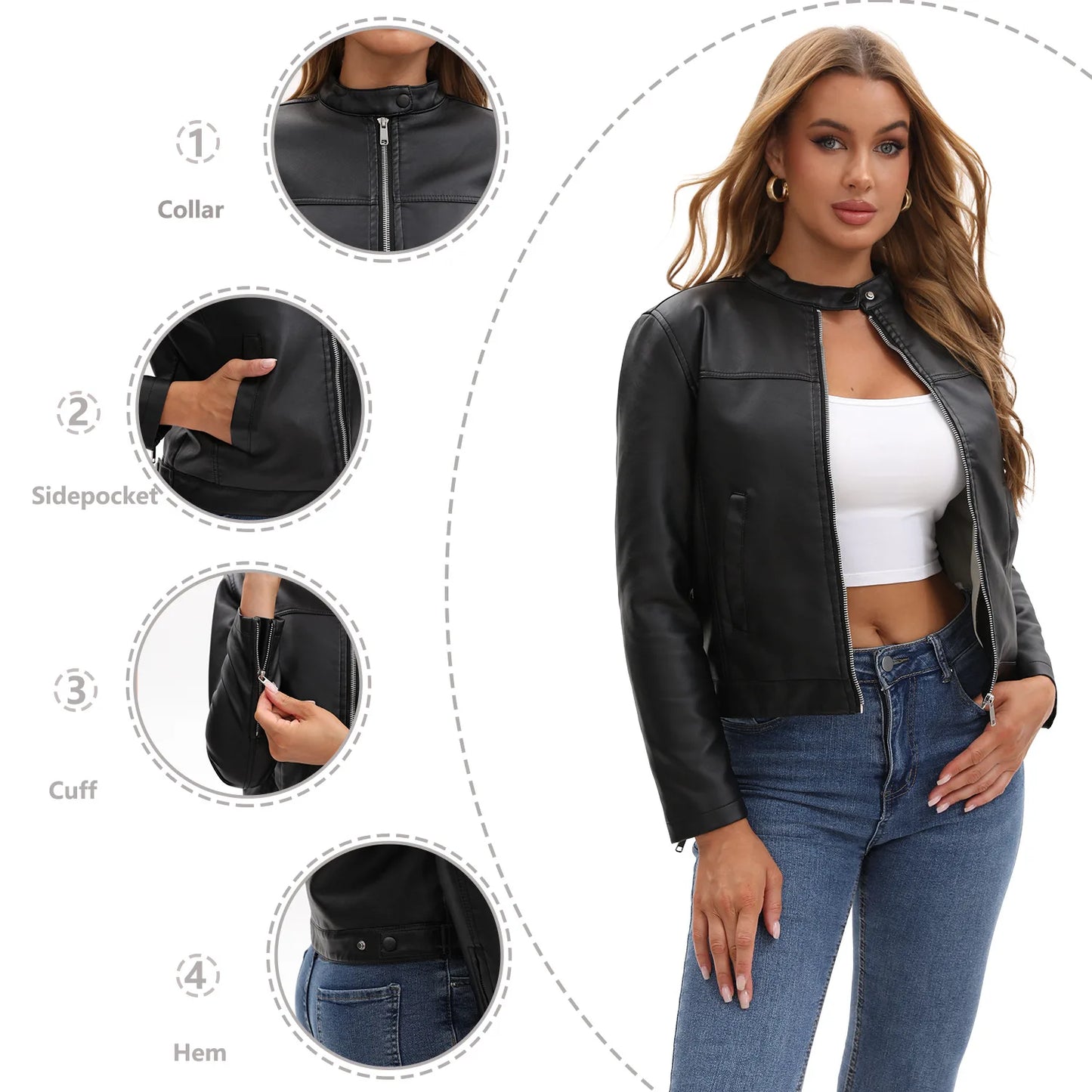 Black Women's Fitted Leather Jacket with Front Zipper & Side Pockets‌, Available in Brown, Navy Blue, and Beige.
