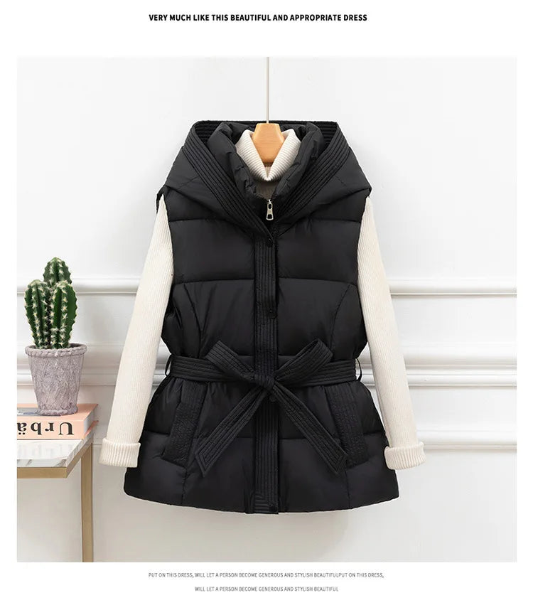 Women's Quilted Puffer Vest Thicken Warm Winter Hooded Coat Solid Color Sleeveless Padded Outwear Cropped Button Zip Up Coat
