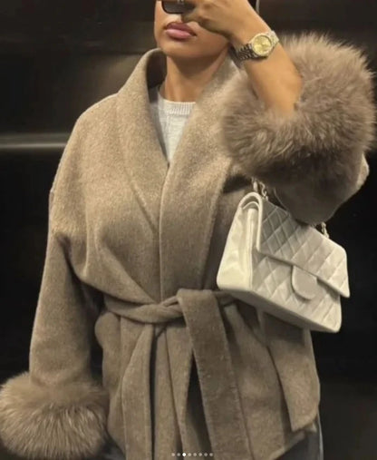 Elegant Lace Up Woolen Short Coat Solid Loose Lapel Furry Belt Long Sleeve Jacket Female 2025 Autumn Winter Lady Chic Cardigan