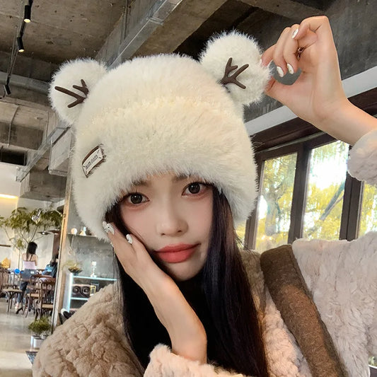 Knitted Hat Beanie Winter Warm Fleece Lined Reindeer Antlers Korean Style Cute Christmas Party Women Girls Thickened Thermal