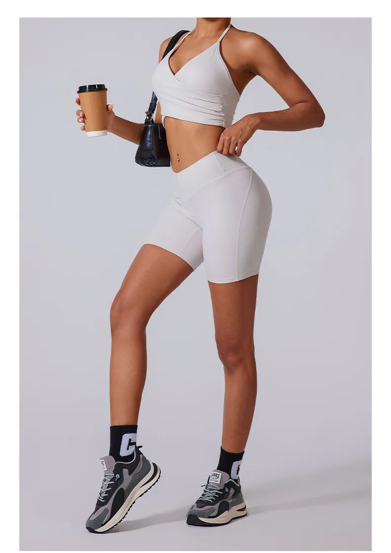 2 Pieces Wrap Front Gym Fitness Suit Women Long Sleeve Legging Workout Yoga Set Sports Bra Short Sports Clothes Tracksuit Female