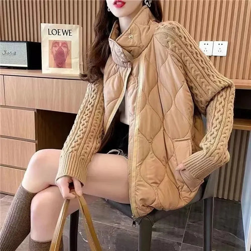Stand Collar Sweater Sleeve Splicing Down Cotton Jacket Women Autumn Winter Warm Down Cotton Parkas 2025 New Female Fashion Coat
