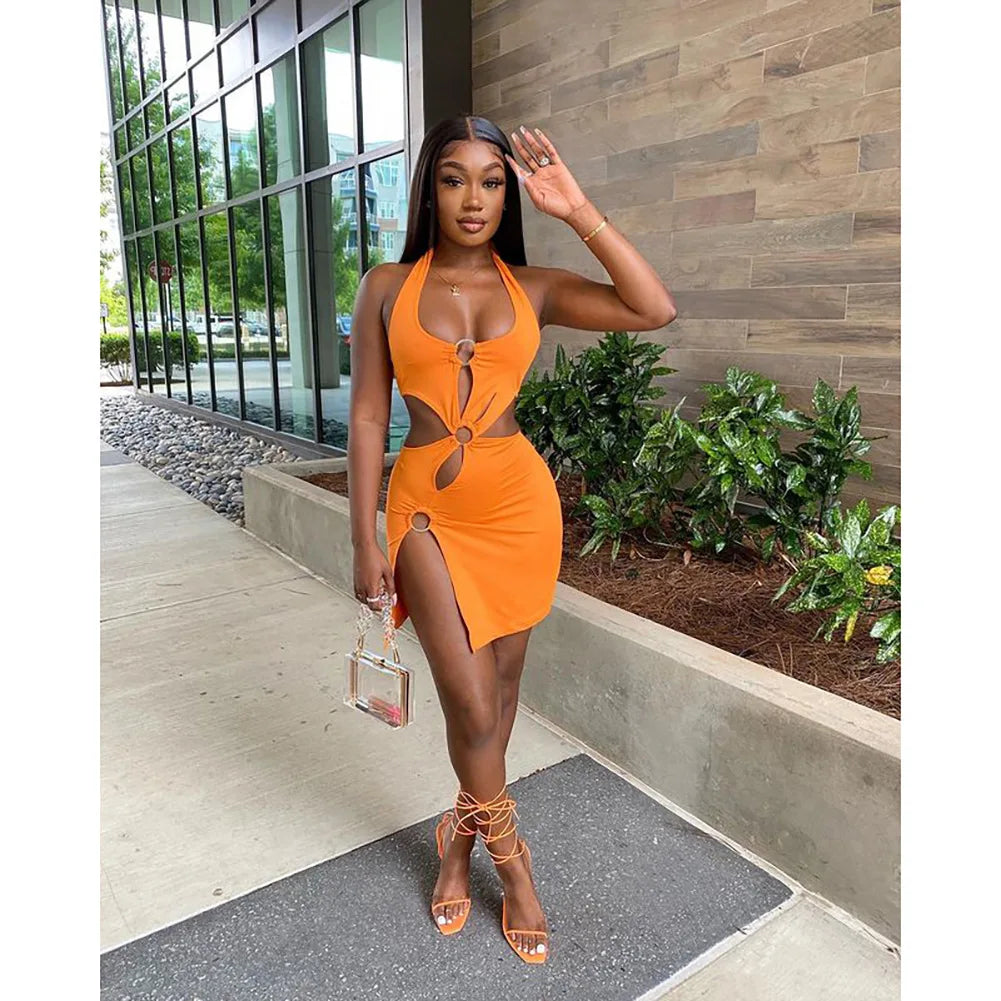 2026 Summer New Halter Dresses Sexy Slim Women's Dress Sleeveless Backless High Split Elegant  Dres Party Club Hollow Mini Skirt