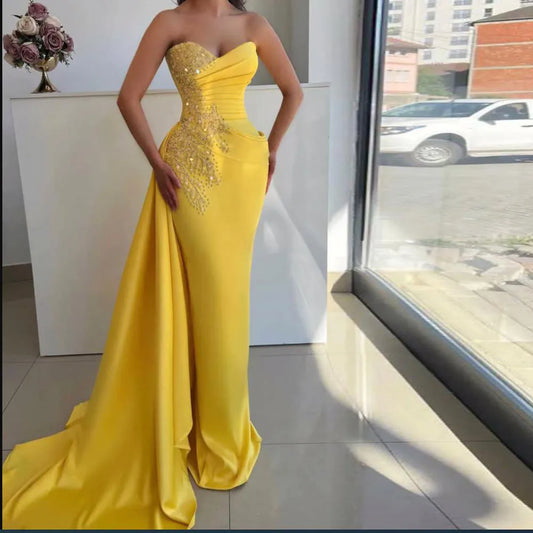Customized Satin Yellow Mermaid Prom Dresses Crystals Sequined Sweetheart Neck Evening Formal Party Second Birthday Gown
