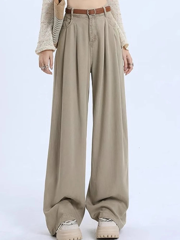 Woman High Waist Straight Leg Jeans Lady Loose Denim Wide Leg Pants Girls Korean Khaki Retro Blue Light Blue Gray White Trousers