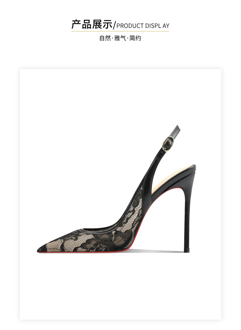 Black lace high-heeled sandals with pointed toes, thin heels, and shallow mouth, comfortable to wear with just one foot