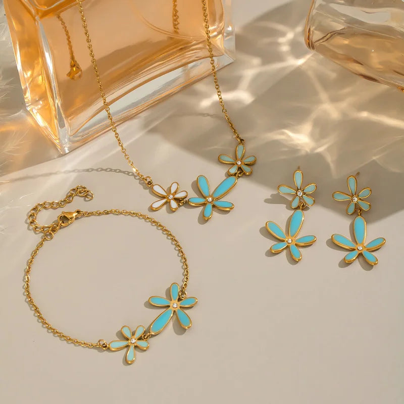 Cute Dopamine White Blue Oil Drop Diamond Flower Necklace 18K Gold-plated Stainless Steel Jewelry Set for Women Wholesale