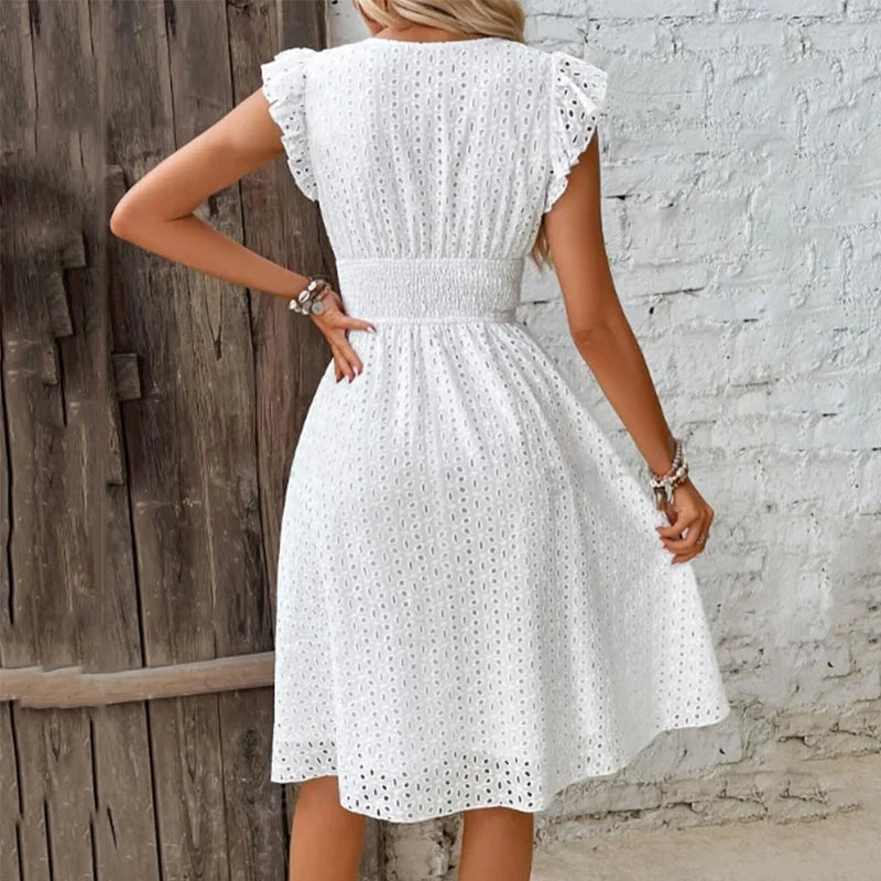 Summer Women V-Neck Beach Dress Flare Sleeve Solid Color Hollow Lace Waist Dress Casual Beach Holiday Dresses