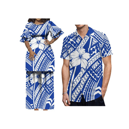 Plus Size Women 2 Piece Outfits Sets Dress New Wholesale Custom Polynesian Tribal Design Petal Sleeve Samoan Puletasi Set