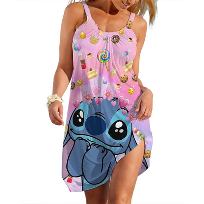 New Summer Girls Disney Stitch Women Fashion Sling Dress Women Sexy Loose Seaside Beach Clothing Cool Sleeveless Dress Quick Dry