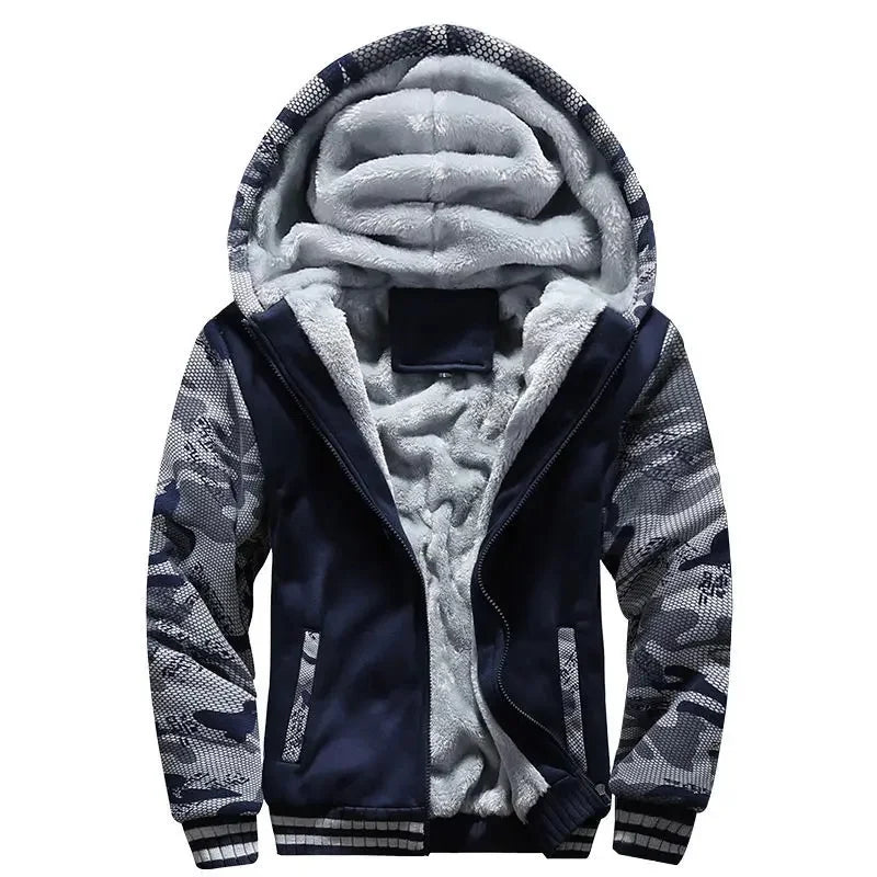 Men's Warmth Hooded Fleece Lined Thickened Baseball Jacket Sweatshirt Korean Style Sporty Top Winter Autumn Seasonal Wear