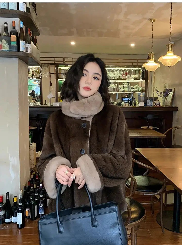 2025 New Coffee Colored Faux Mink Fur Spliced Lapel Fur Coat for Women Young and Loose