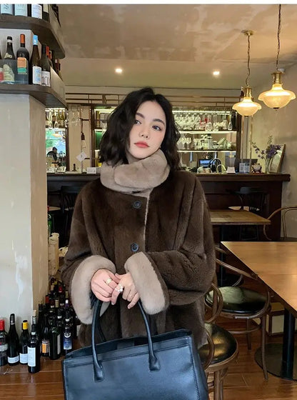 2025 New Coffee Colored Faux Mink Fur Spliced Lapel Fur Coat for Women Young and Loose