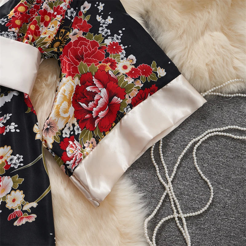 Japanese Kimono V-neck Printed Flower Bow Waist Shaping Cardigan Dress Women Clothing Loose Long Sleeve Vintage Sexy Lace-up New