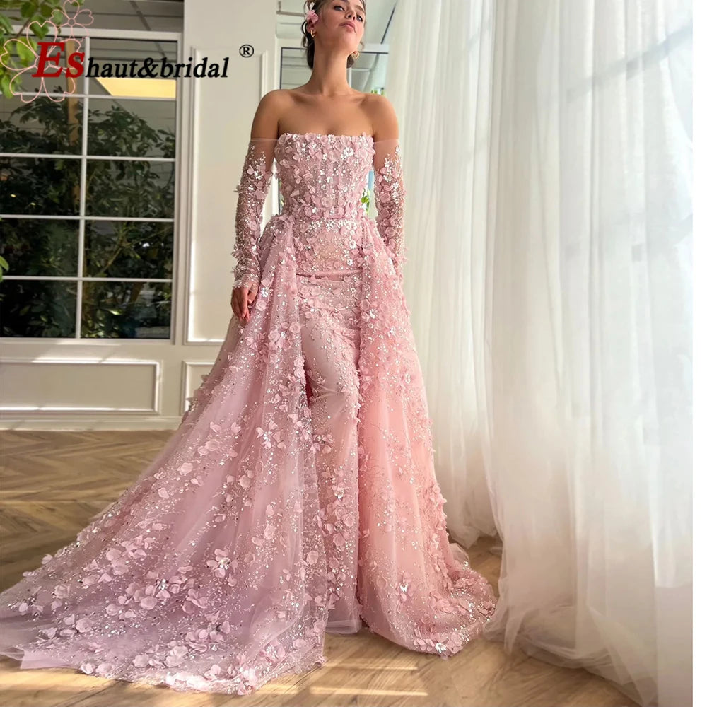 Elegant 3D Flower Evening Dress with Detachable Skirt 2025 & 2026 Luxury Mermaid Long Sleeves Formal Prom Wedding Party Gown Customized
