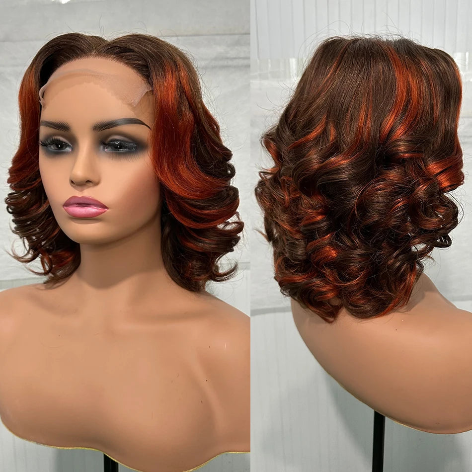 100% Human Hair Wig Highlight Bob Bouncy Loose Curly 12" 250% Density 5x5 HD Lace Closure Glueless Wigs Human Hair Ready To Wear