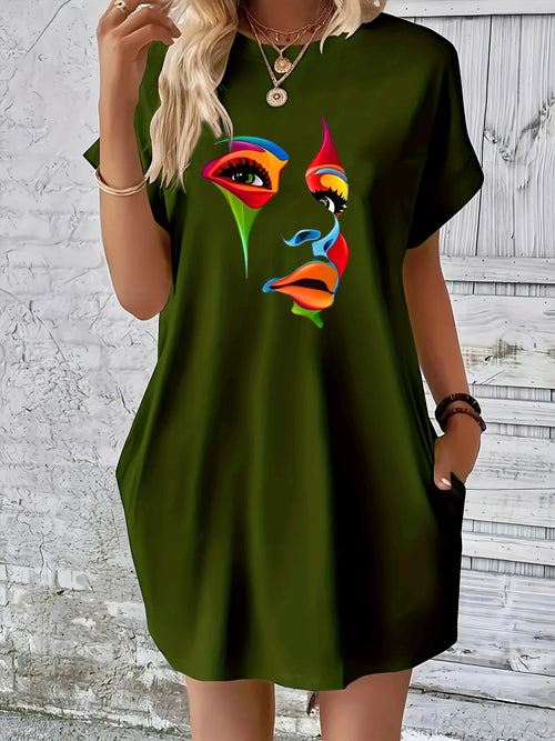 Women's Summer Loose Abstract Face Print Round Neck Short Sleeve Pocket Comfortable Casual Plus Size Dress