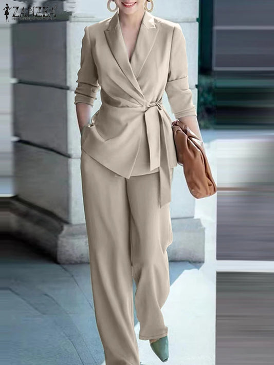 ZANZEA Elegant Office Lady Blazer Suits Women Classy Tied Waist Top and Pant 2pcs Outfit Streetwear Trend Commute Pant Sets 2025