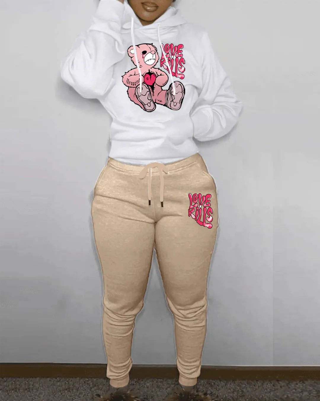 Women's Hoodies Sets Pants Suit 2 Piece Outfits 2025 New Letter Print Bear Aesthetics Sweatshirt and Sweatpants Womens Tracksuit