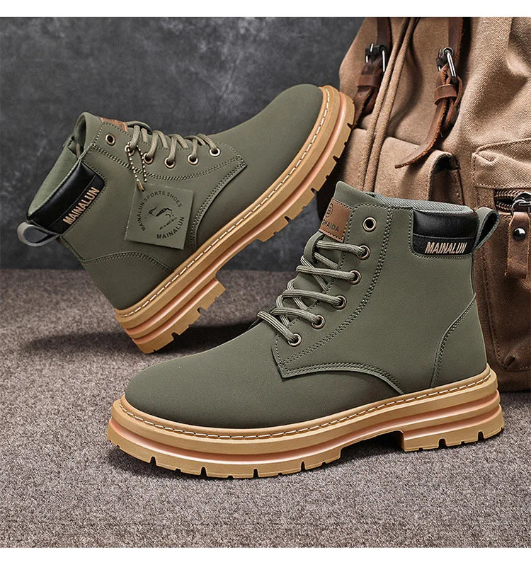 Classic Men High Top Boots High Quality Yellow Leather Boots Fashion Outdoor Sneakers Men Lace Up Non-Slip Ankle Boots for Men