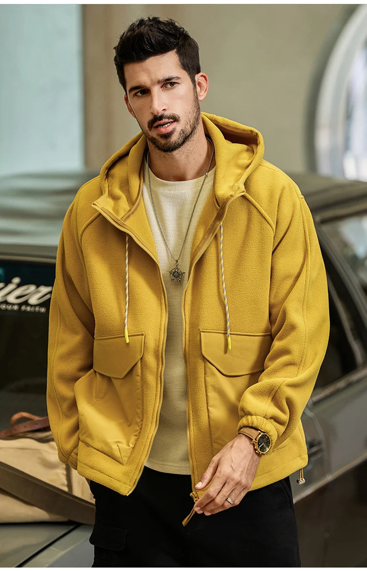 Autumn Velvet Hooded Jacket Men Outdoor Sport Techwear Loose Casual Plus Size Hoodie Cargo Jacket Outerwear Coat