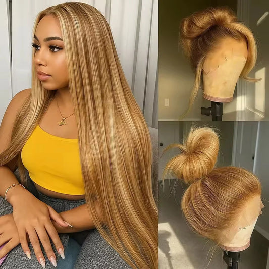 30 Inch Honey Blonde Ombre Lace Front Wig 180% Density 13x4 Highlight Lace Front Wigs Straight HD Lace Frontal Wig for Women