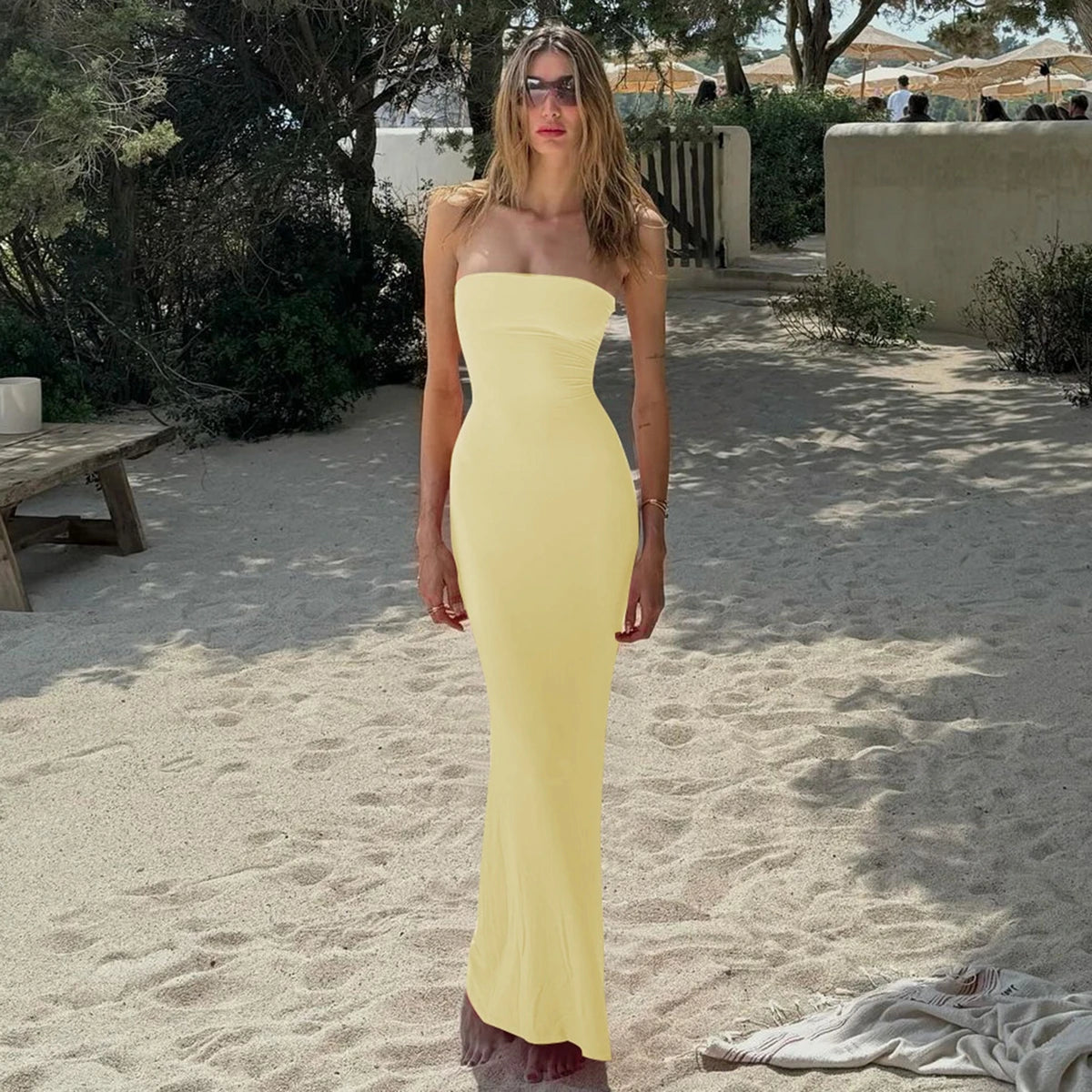 Hugcitar Elegant Women Solid Strapless Backless Bandage Sexy Bodycon Maxi Dress Summer Women Y2K Clothes Beach Vacation Party