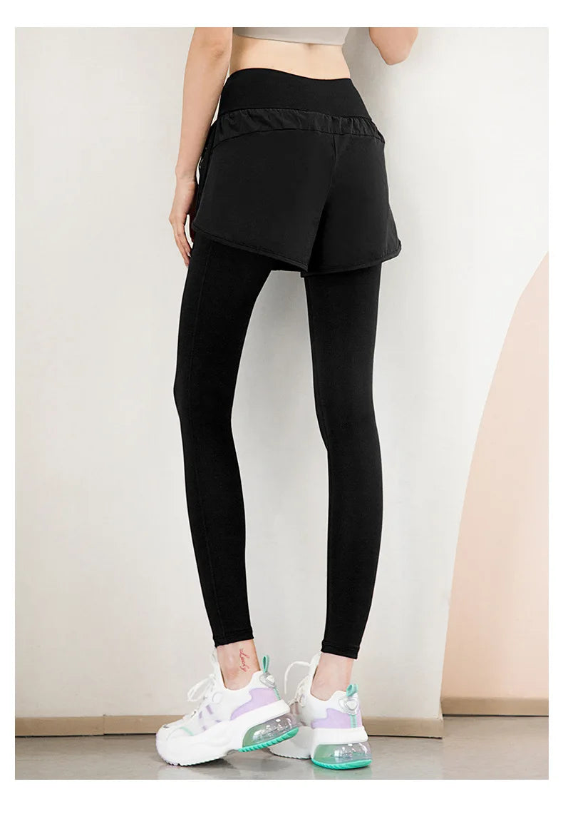 Women's Gym Leggings Elastic High Waist Fake Two Pieces Yoga Pants With Pockets Sportswear Running Tights Gym Yoga Wear