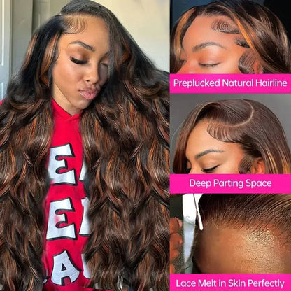 100% Human Hair 46 Inch FB 30 Body Wave Wigs Highlight Colored Brazilian Hair Wig 13x6 HD Transparent Lace Frontal Wig For Women